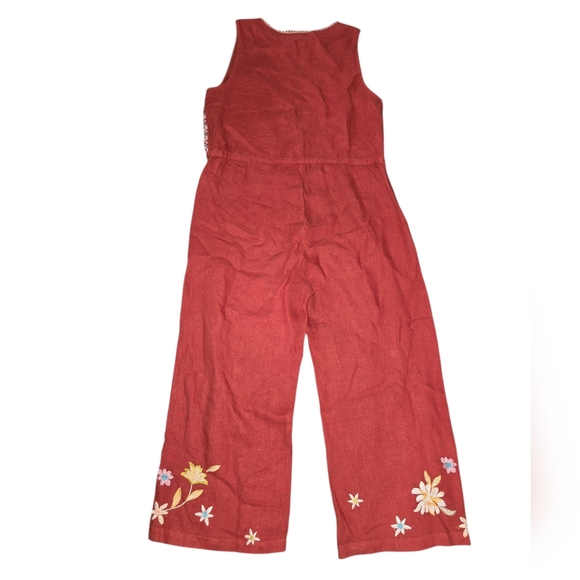 Johhny Was Elia Linen Tie Embroidered Wide-Leg Jumpsuit in Rust Size M - Picture 4 of 9